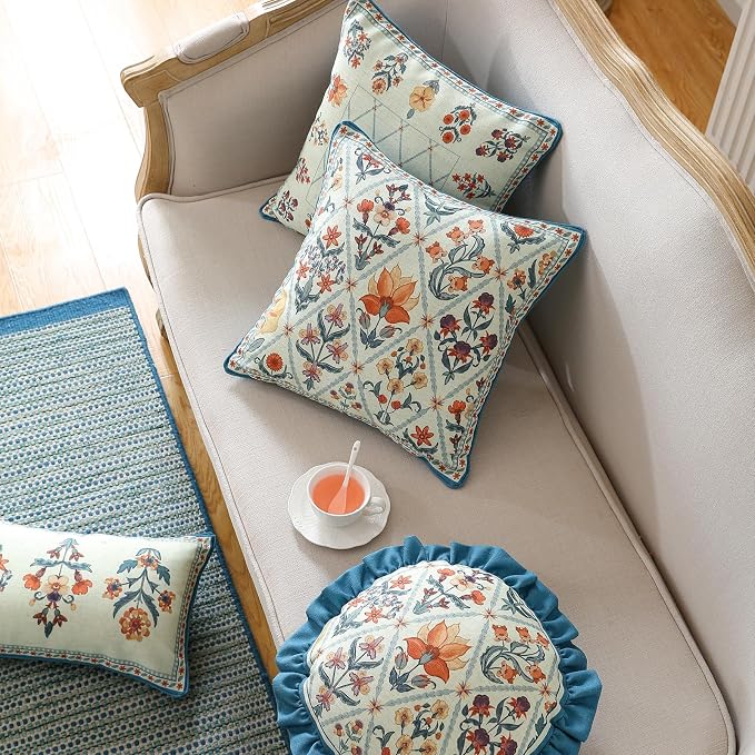 Linen Square Throw Pillow Cover,Set of 2,18"x18"-Floralsea A | Designer French Elegant Pillow Cover,Concealed Zipper Design,Sofa,Bedroom,Living Room,Lounge Chairs,All Season Home Decor