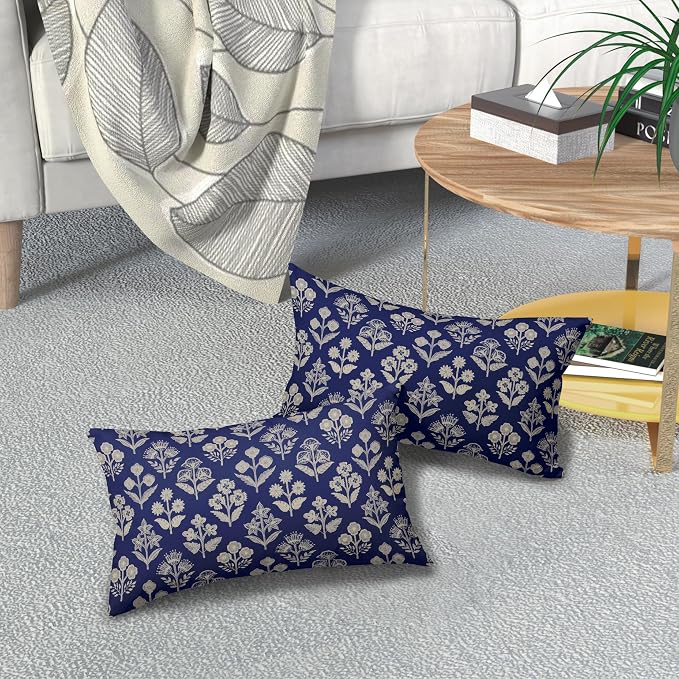 Navy Blue Pillow Covers 12x20 Inch Set of 2, Cream Floral Block Print Pattern Lumbar Decorative Throw Pillowcases Outdoor Farmhouse Rectangle Cushion Covers Spring Summer Sofa Couch Bed Decor