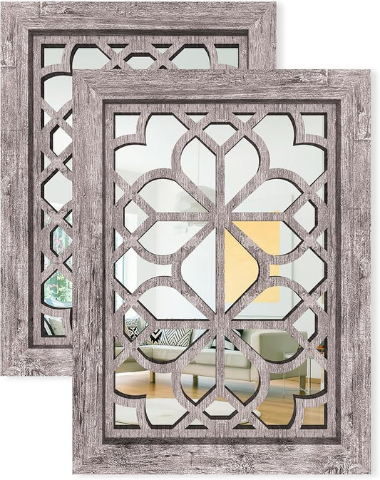 Set of 2 13x17 Inch Rectangular Shatterproof Decorative Wall Mirrors, Boho Farmhouse Rustic Vintage Grey Accent Mirrors for Living Room, Bedroom, Entryway & Home Wall Decor（Brown）