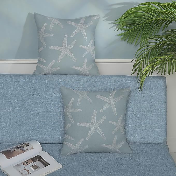 Seafoam Blue Starfish Pillow Covers 18x18 Inch Set of 2 Coastal Throw Pillows Summer Nautical Ocean Beach Theme Decorative Pillowcase Outdoor Farmhouse Decor Cushion Case for Home Bedroom