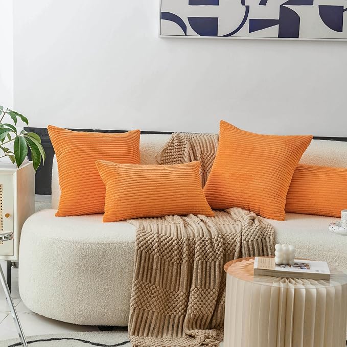 Home Brilliant Burnt Orange Throw Pillow Striped Corduroy Plush Velvet Pillow Cover for Living Room Bed, Orange, 24x24 inches (60cm)