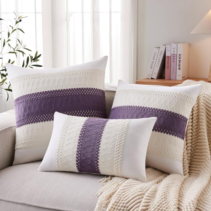 2pk Boho Pillow Covers 18x18, Natural White/Contrast/Purple | 100% Organic Cotton Body, Stripe Embroidery, Farmhouse Decorative Cushion Covers for Sofa Bed Living Room Home Decor