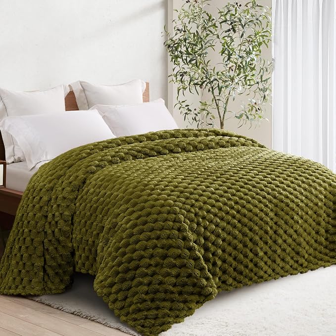 Whale Flotilla Soft Fleece Queen Size Bed Blanket 3D Jacquard, Olive Green | Lightweight Breathable Coverlet Bedspread for All Seasons, Super Cozy Plush Fluffy Fuzzy Decorative Blanket for Bed, 90"x90"