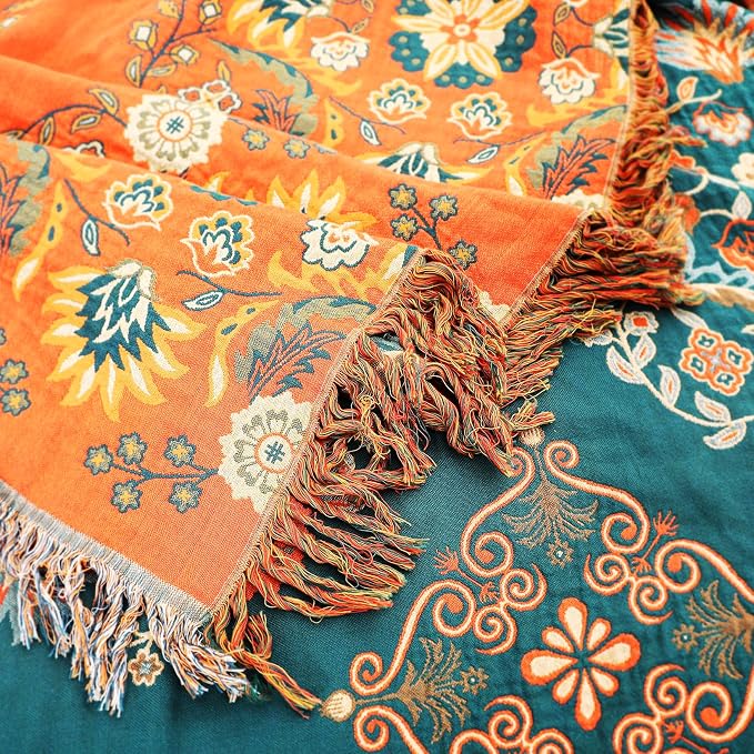 VANJOROY 100% Cotton Throw Blanket, Muslin Breathable Soft Bed Quilt Orange Throw - Bohemian Floral Farmhouse Decor Blanket for Sofa Couch Chair and Gift. 50" x 60"