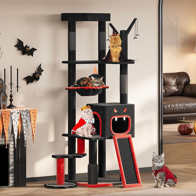 YITAHOME Gothic Cat Tree with Coffin Bed, 60" Tall Cat Tower for Indoor Cats with Top Perch, Spacious Cat Condos, Spider Hanging Balls,Comfy Basket, Scratching Post and Ladder, Black Halloween