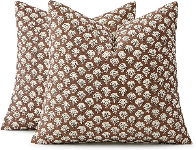MIULEE Fall Floral Print Decorative Pillow Covers 20x20, Dark Brown | Vintage Boho Farmhouse Modern Home Decor, Set of 2, Block Print Cushion Covers for Couch Sofa Bed Living Room
