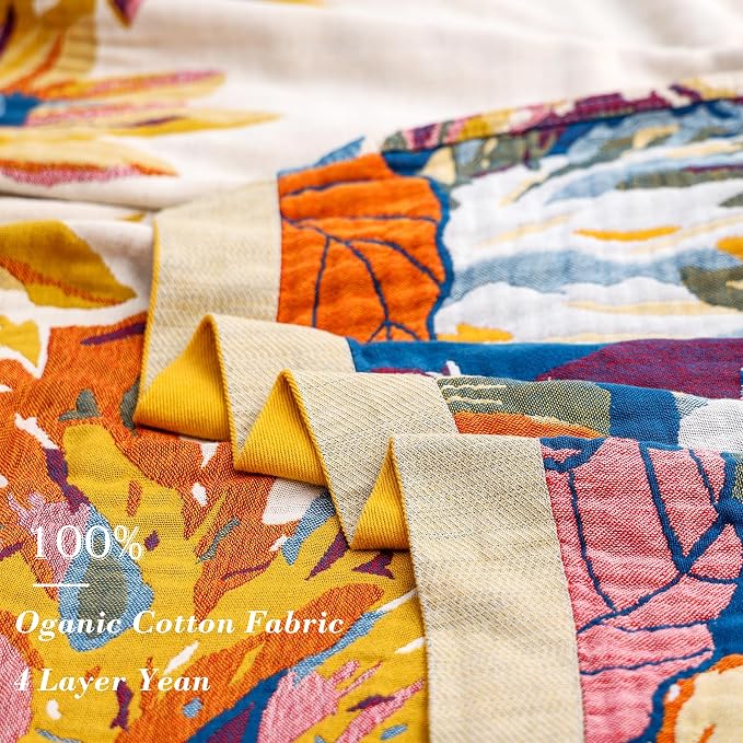 VANJOROY Boho Large Throw Blanket, 100% Organic Cotton Breathable Soft Bed King Throw - Fall Floral Bird Butterfly Farmhouse Decor Blanket for Sofa Couch Chair and Gift. 91" x 98"