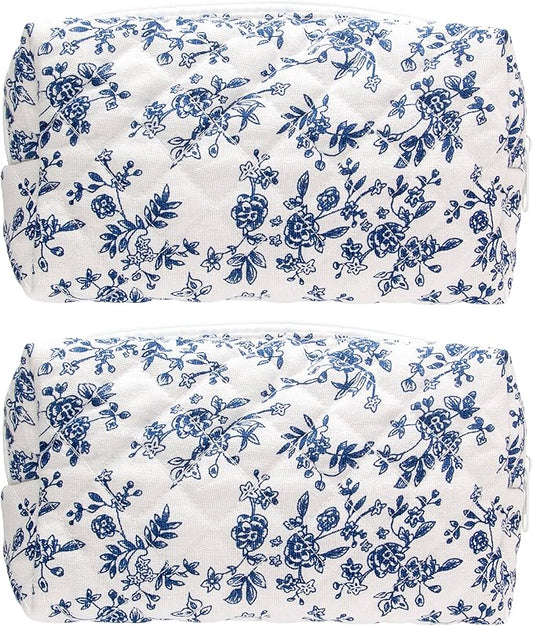PAZIMIIK Small Quilted Makeup Bag,Zipper Cosmetic Pouch,Jouy Blue,2 Pack | Lightweight Cosmetic Bag Organizer for Women,Purse Storage Holds Makeup,Toiletries,Skincare,Beauty Essentials,Travel Items