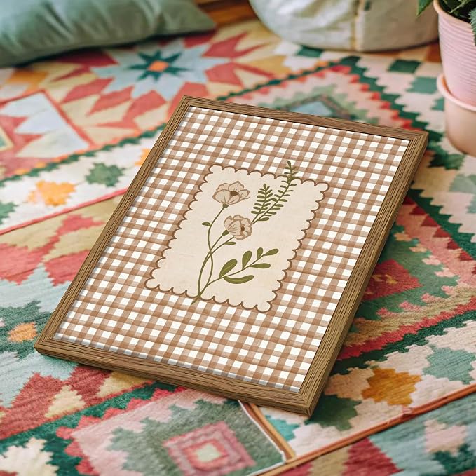 Framed Vintage Floral Wall Art Set of 3, Neutral Wildflower Botanical Canvas Wall Decor Paintings, Cottagecore Gingham Flower Posters Prints Pictures for Living Room Bedroom Bathroom 12x16 Inch