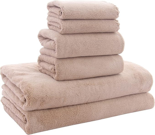 MOONQUEEN Ultra Soft Towel Set - Quick Drying - 2 Bath Towels 2 Hand Towels 2 Washcloths - Microfiber Coral Velvet Highly Absorbent Towel for Bath Fitness, Sports, Yoga, Travel (Brown, 6 Pcs)