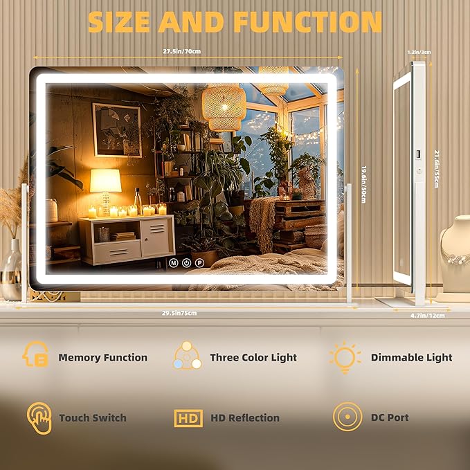 Vanity Mirror with Lights, 29.5'' x 22'' Lighted Makeup Mirror, Touch Screen with 3-Color Lighting, Dimmable for Vanity Desk Tabletop Round White