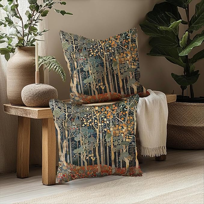 452 Rustic Fall Forest William Morris Style Pillow Covers 22x22 | Fall Autumn Home Room Decor, Vintage Botanical Nature Decorative Throw Pillow Covers for Home Bedroom Living Room Set of 2