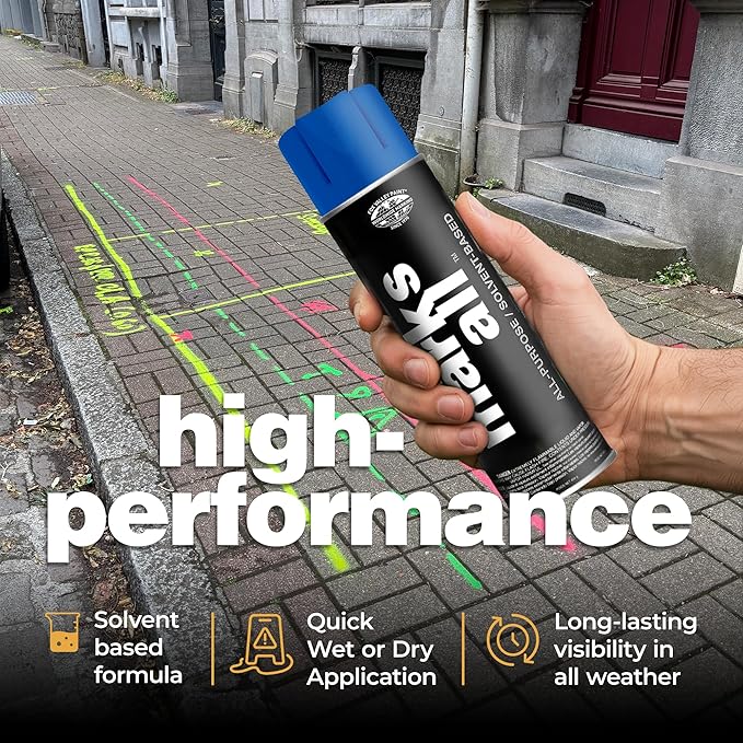 Fox Valley 18oz Marks All Solvent-Based Marking Paint Spray, 12-Pack Blue APWA – Long-Lasting, Weather-Resistant Spray Paint for Wet or Dry Surfaces Like Metal, Grass, Concrete, Wood, & More