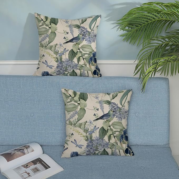 Chinoiserie Pillow Covers 18x18 Set of 2 Blue Green Floral Bird Pillow Cases Vintage Flower Seasonal Outdoor Throw Pillows Linen Farmhouse Chinoiserie Decorative Cushion Case for Couch Sofa