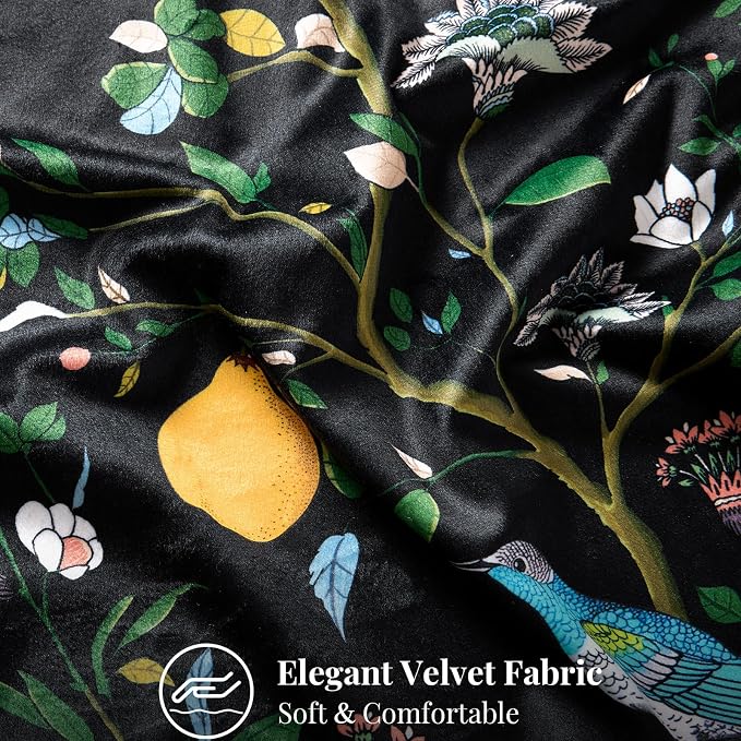 MUSSEL Black Velvet Floral Decorative 20x20 Pillow Covers Set of 2 | Durable Sturdy,Botanical Printed Pattern,Throw Pillows Case,Square,Colorful Mid Century Cushion Covers,Sofa Couch Decor