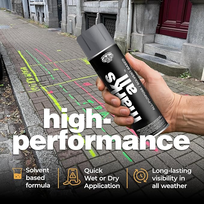 Fox Valley 18oz Marks All Solvent-Based Marking Paint Spray, 12-Pack Aluminum – Long-Lasting, Weather-Resistant Spray Paint for Wet or Dry Surfaces Like Metal, Grass, Concrete, Wood, & More
