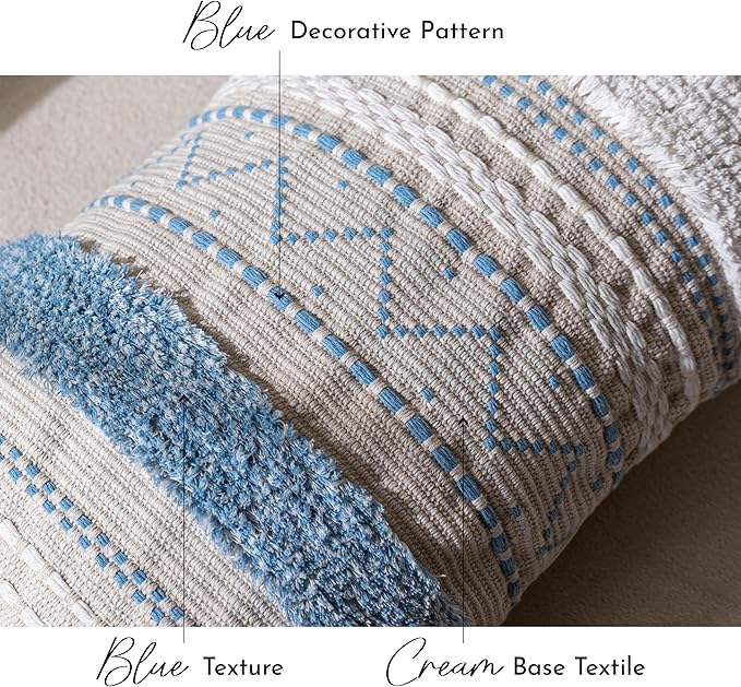 14x36 Lumbar Pillow Cover for Bed, Rectangular Long Decorative Throw Pillowcase, Boho Accent Cushion with Blue Tufted Pattern and Tassels, Cream Neutral (Cover Only)