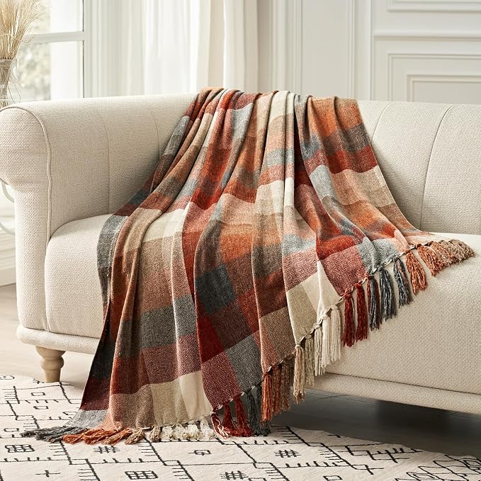 Plaid Chenille Fall Throw Blanket, 50"x60", Harvest Orange Plaid | Super Soft Knit Throw with Tassels, Cozy, Decorative Rustic Farmhouse Decor for Autumn, Ideal for Couch Bed Sofa Gift
