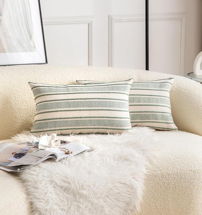 Cethom Decorative Boho Lumbar Throw Pillow Covers, Farmhouse Textured Pillow Case, 12 x 20 Inch Set of 2, Chair Sofa Bedroom Living Room Home Decor Couch Cushion Case, Green and Beige