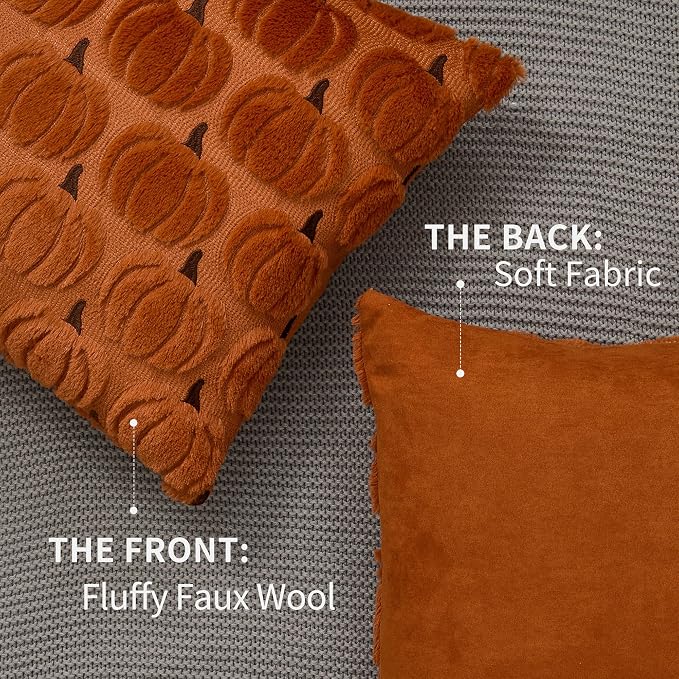 DFXSZ Fall Pillow Covers 18x18 2Pcs Rust Brown Pumpkin Fall Decorations | Fall decor Set of 2 Throw Pillow Cases Soft Plush Faux Fur Wool Couch Cushion for Chair Sofa Bedroom Living Room Home Decor