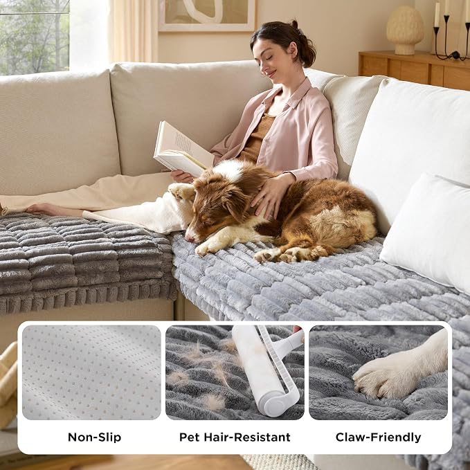 Bedsure Comfyfleece™ Sofa Cover, Couch Covers for Dogs, 27.6 x 59 Grey | Non-Slip, 300gsm Thick Quilted Padding, Ultra-Soft Corduroy Flannel, Machine Washable, for Standard Loveseat/2-Seater Couch