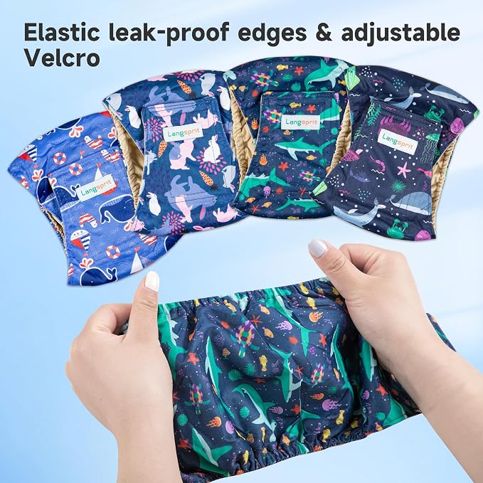 Langsprit Small Male Dog Diapers for Doggie Puppy,Reusable Belly Bands for Male Dogs Wraps,Washable Doggy Dog Diapers Medium Large in Incontinence 4 Pack (Shark, Tortoise, Rabbit, Whale, XX-Large)