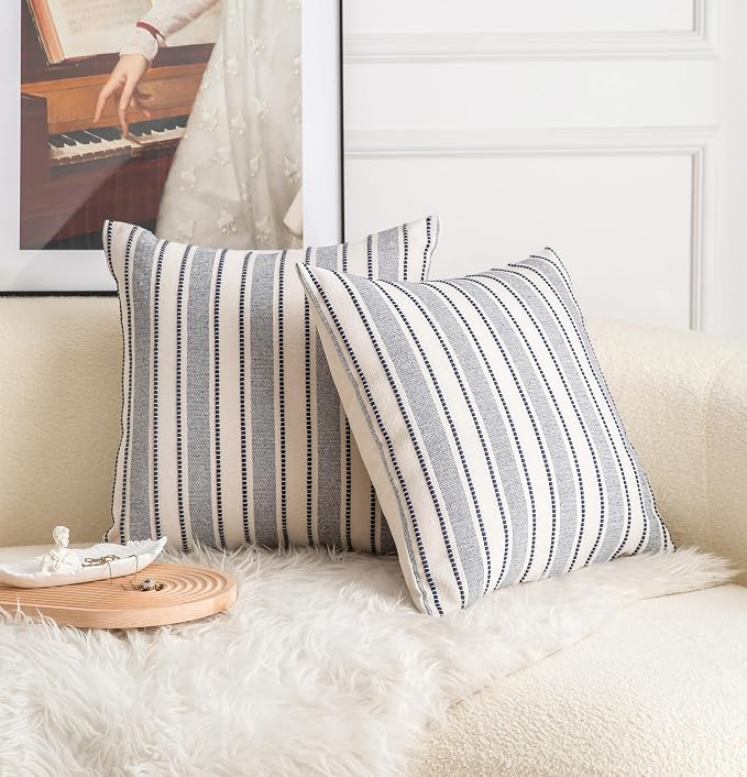 Cethom Decorative Boho Throw Pillow Covers, Farmhouse Textured Pillow Case, 22 x 22 Inch Set of 2, Chair Sofa Bedroom Living Room Decor Couch Cushion Case, Navy Blue and Beige Striped