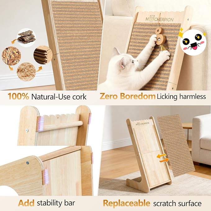 Natural Cork cat Scratching Post-Cat Scratchers- Scratch Pads for Indoor-Cats Scratching Board-cat ramp-cat Scratch Cardboard with Toy,Replaceable use-Eco-Friendly Sustainable-cat Gifts