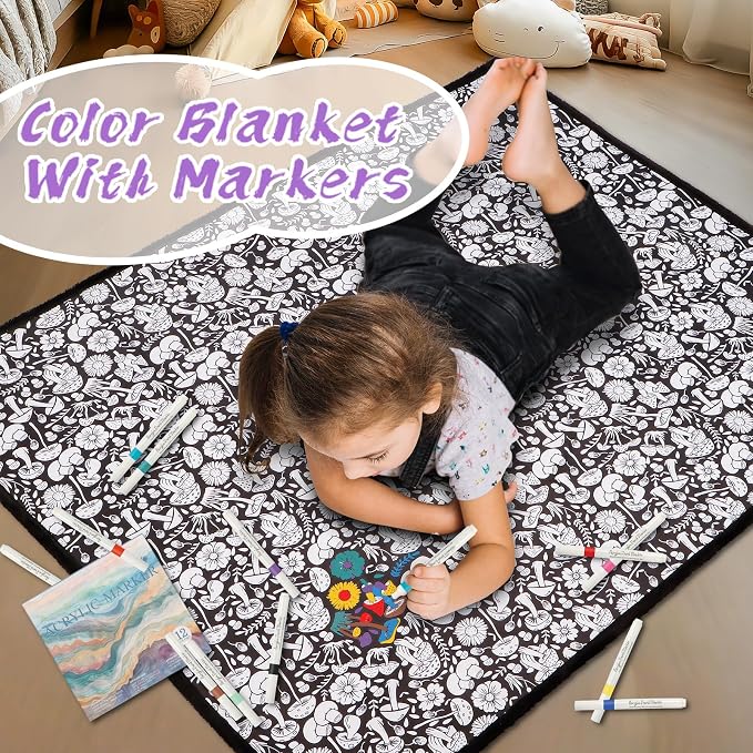 ZHOYIMIMI DIY Cozy Coloring Blankets for Adults & Kids -24 Markers | 50" x 60", Machine Washable, Cozy Velvet, Printed Patterns, ideal for daily use, home decor and kids spaces, Gift Wrapped
