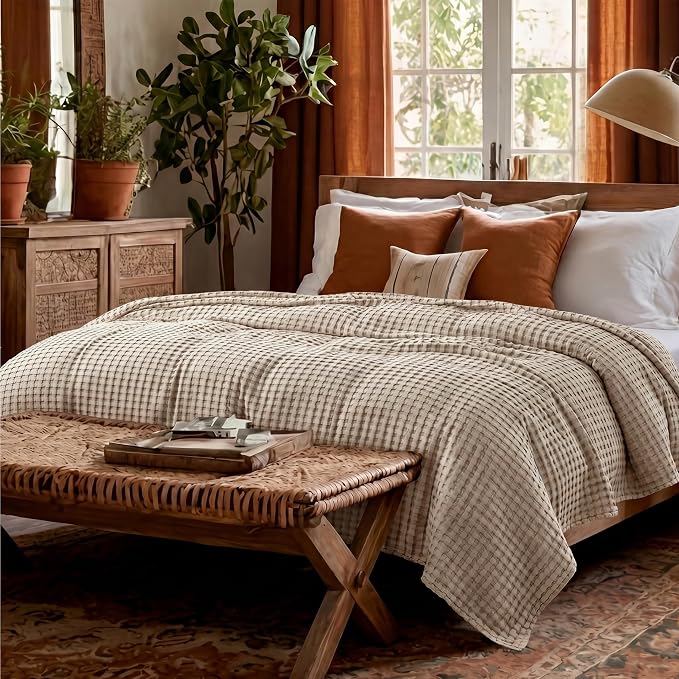 Bedsure Cooling Waffle Full Size Blanket - Lightweight Cotton Blanket for Hot Sleepers, Luxury Throws for Bed, Couch and Sofa, Khaki, 80x90 Inches