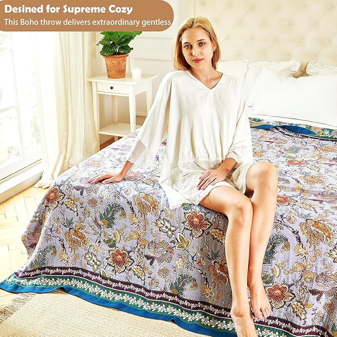 VANJOROY Boho Throw Blanket 80" x 90", 100% Organic Cotton Breathable Ultra Soft Bed Purple Quilt Throw - All Season Luxury Floral Farmhouse Decor Blanket for Sofa Couch Chair and Gift.