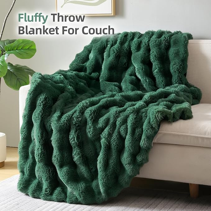 Faux Rabbit Fur Throw for Couch - Dark Green Bubble Blanket 50"x60" | Fluffy Plush Fuzzy Throw for Sofa & Bed, Super Soft Cozy Comfrt Blanket, Luxury Aesthetic Dark Green Decor Gift for Women