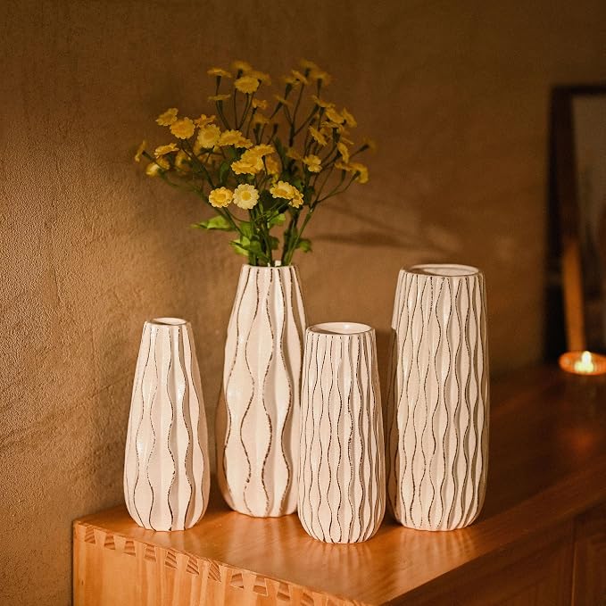 VICTOR & TERESA Ceramic Vase for Flowers, 10'' Set of 2 Decorative White Vases for Home Decor, Farmhouse Vases for Pampas Grass, Table, Mantel, Living Room, Shelf, Centerpieces, Gifts for Mom