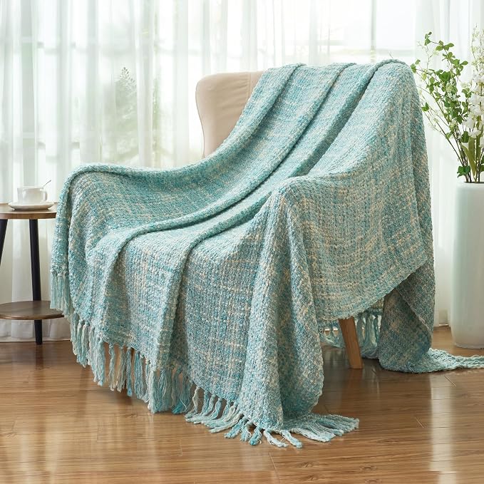 Multi-Color Cable Woven Throw Blanket for Couch - 50"X60" | Multicolored Boho Style,Super Soft Warm Cozy Chunky Blankets with Decorative Tassels for Bed and Sofa,Mint Blue