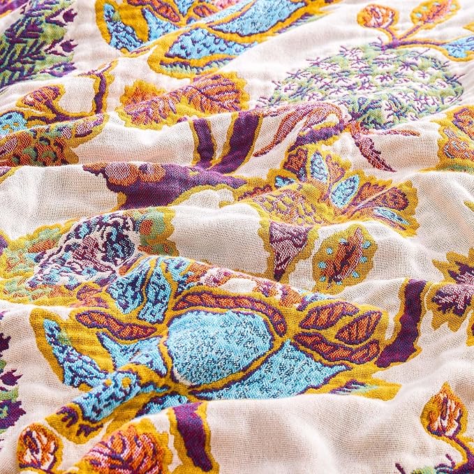 XIBLC Boho Throw Blanket for Bed, 100% Cotton Soft Rustic Quilt Fall Blanket, 60"x80" Floral Printed Farmhouse Decor Bed Blankets, All Season Rustic Reversible Bohemian Throw Quilt