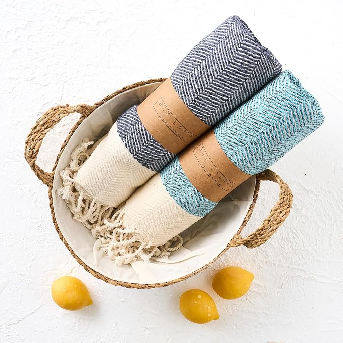 BAY LAUREL Turkish Hand Towel – Pack of 2 | Soft & Absorbent Decorative Towels for Bathroom, Hand, Face, Hair, Gym, Yoga, SPA, Kitchen & Tea | Boho Decor (Navy, Herringbone 16x40 Inches (Set of 2)