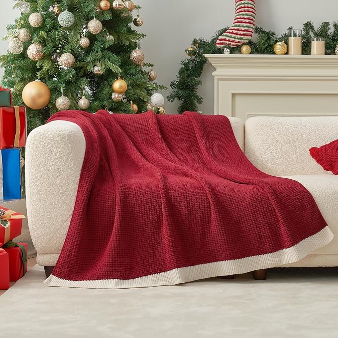 Chenille Throw Blanket, Soft Cozy Waffle Throw for Couch & Sofa, Warm Yet Lightweight, Breathable All-Season Throws for Women Men, Housewarming, Birthdays, 50"x60", Red