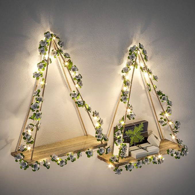 RICHER HOUSE Hanging Floating Shelves No Drill, Macrame Plant Wall Shelf | 2 Set Boho Trinket Shelf with Artificial Ivy, LED Lights, Cute Wall Art Aesthetic Decor, for Bedroom, Dorm, Two-Way Install