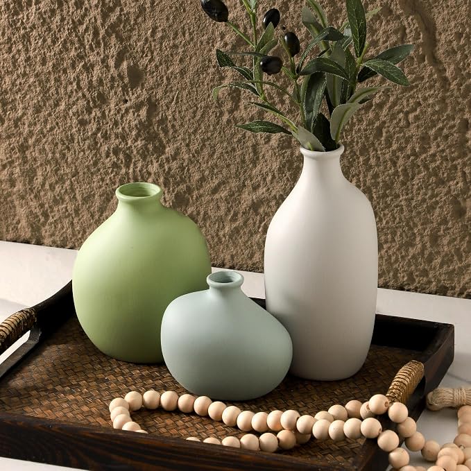 Small Ceramic Vase Set of 3, Modern Neutral Decorative Pottery Vases | Three different shapes with soft matte colors, perfect for shelves, tables, dried flowers and home styling.