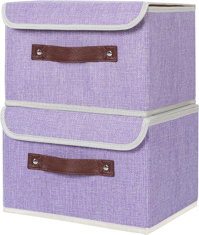ANMINY Fabric Storage Box Bins with Lids, Purple, 10"x8"x7", 2 Pack | Keepsake Memory Storage, Cotton Linen, PP Board Reinforced, Washable, PU Handles, Foldable & Stackable, Decorative, Small