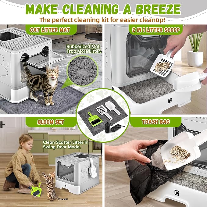 Covered Cat Litter Box, Extra Large Drawer Design with Dual Entry,Pale Grey | 13L litter capacity, adjustable door, leakproof structure, cleaning accessories, complimentary cat litter mat