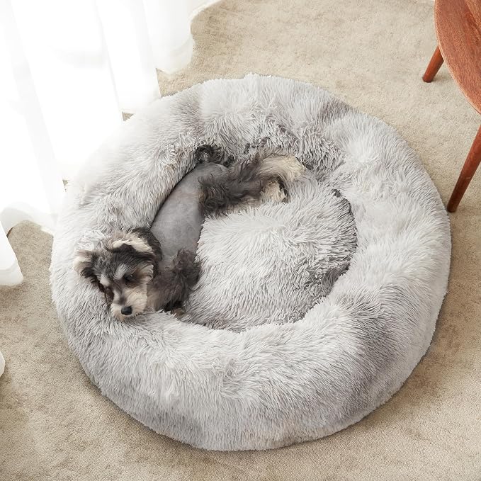 Western Home Calming Donut Medium Dog Bed Washable Pet Bed,30" White Grey | Fluffy Faux Fur Round Cuddler,Anti-Anxiety,Anti-Slip Bottom,Plush Pet Dog Beds for Medium Sized Dogs,Up to 45 LBS
