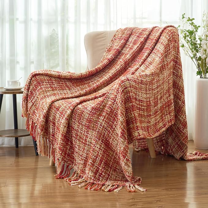 Multi-Color Cable Woven Throw Blanket for Couch - 50"X60" | Multicolored Boho Style,Super Soft Warm Cozy Chunky Blankets with Decorative Tassels for Bed and Sofa,Dark Red
