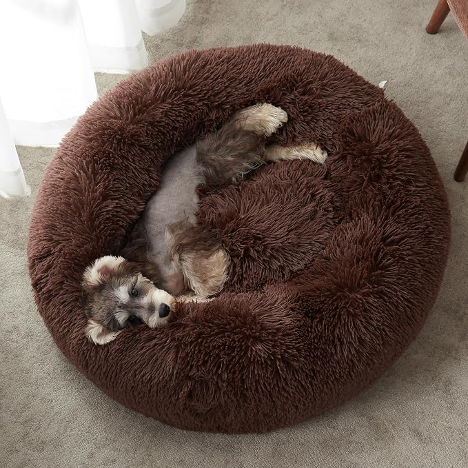 Calming Dog Bed & Cat Bed, Anti-Anxiety Donut Dog Cuddler Bed, Warming Cozy Soft Dog Round Bed, Fluffy Faux Fur Plush Dog Cat Cushion Bed for Small Medium Dogs and Cats | Fluffy Faux Fur Round Cuddler,Anti-Anxiety,Anti-Slip Bottom,Plush Pet Dog Beds fo...