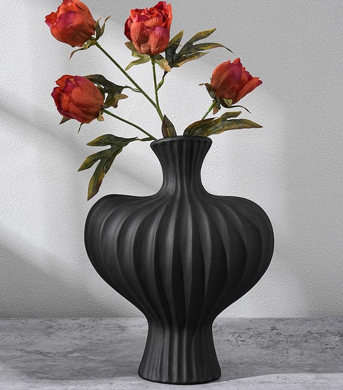Ceramic Flower Vase Home Decor, 11 in Farmhouse Table Vases Rustic Vintage Living Room Kitchen Bedroom Decorations Pottery Decorative Vases for Flowers House Shelf Coffee Desk Dining Fireplace, Black