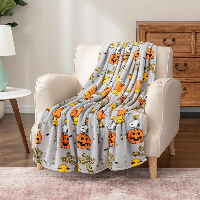 Berkshire Blanket Peanuts® VelvetLoft® Cute Character Snoopy Plush Oversized Throw Blanket, Peanuts Snoopy and Woodstock Happy Halloween Spooky Chateau Grey (50in x 60in)