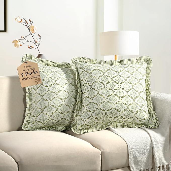CPC Fern Regal Hand Block Print 100% Cotton Ruffle Throw Pillow Cover 20x20 inch with Hidden Zipper Decorative for Couch, Bed, Sofa, Farmhouse, Cottagecore Decor Gift Christmas Fall Thanksgiving
