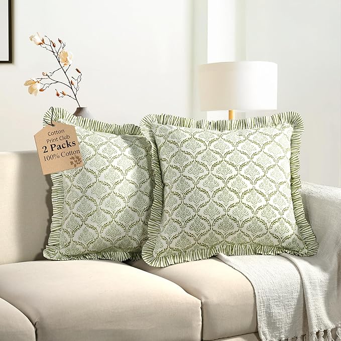 CPC Fern Regal Hand Block Print 100% Cotton Ruffle Throw Pillow Cover 18x18 inch with Hidden Zipper Decorative for Couch, Bed, Sofa, Farmhouse, Cottagecore Decor Gift Christmas Fall Thanksgiving