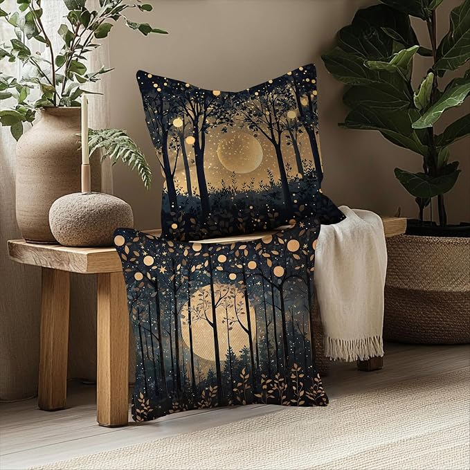 Rustic William Morris Inspired Gold Moon Pillow Covers 18x18 Set of 2,Vintage Black and Gold Moon Forest Botanical Nature Landscape Decorative Throw Pillow Covers for Home Bedroom Living Room