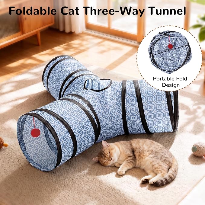 Tempcore 3 Way Collapsible Cat Tunnel for Indoor Cats, Pet Tunnel Bored Toys with Peek Hole & Ball for Puppy, Kitty, Kitten, Rabbit